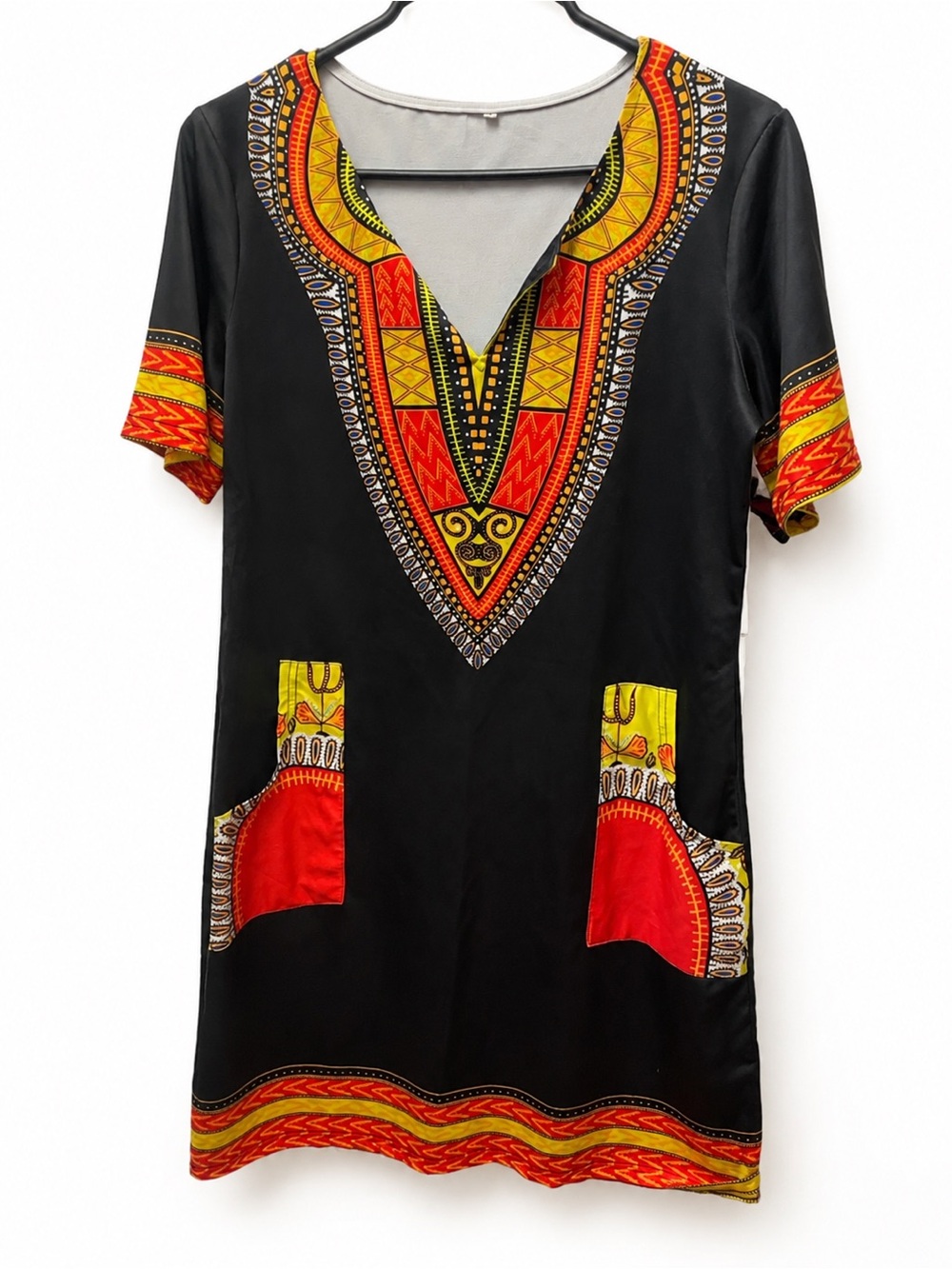 Black Dashiki-Print Short Sleeve Tunic Top